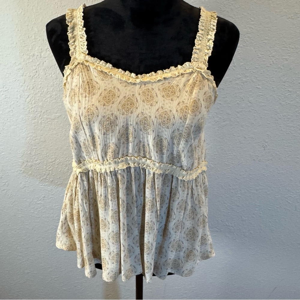 Hem &‎ Thread Cream and Tan. Ruffled pendulum camisole. bohemian style print.
